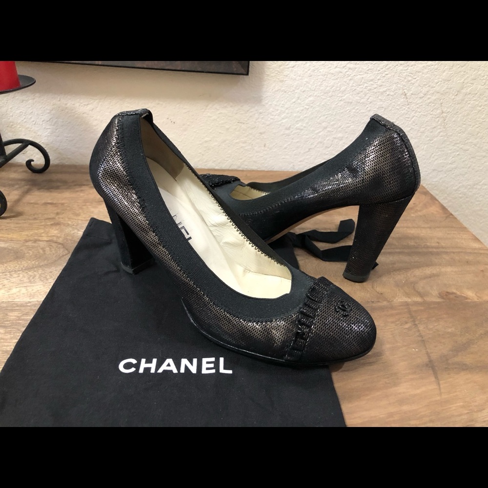 CHANEL CC Logo Metallic Bronze. Elastic Trim Pumps Shoes EU Sz 36.5 / US Sz 6.5